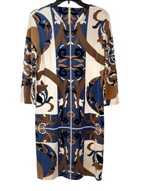 J. McLaughlin Blue, Brown & Cream Swirl Print Top